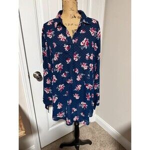 ELLE Navy Blue Floral & Polka Dot Tunic Blouse - Size XXL